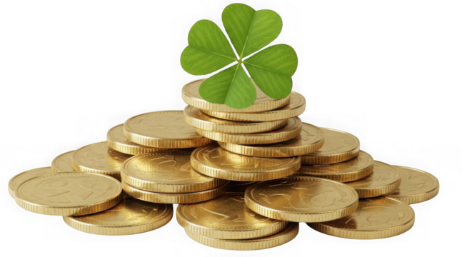 Pile of gold coins with a four leaf clover isolated on transparent background