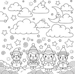 Cute bear in the sky with rainbow and clouds line art