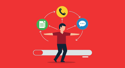 Illustration of interconnected devices, including a computer, laptop, and phone, sharing data and information through a network.