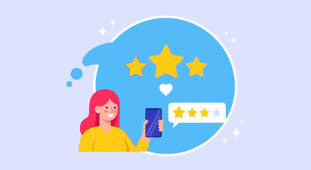 Woman holding a phone showing a rating, with stars and a heart in a speech bubble.