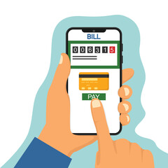 Hand holding smartphone to pay electricity consumption, electricity bill on screen, person monitoring electricity consumption using mobile app.