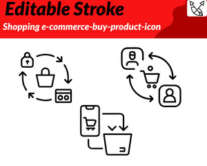 Shopping e-commerce buy product icon. character in a modern flat vector style featuring a shopping cart or bag with a bold buy button. price tag or cursor click symbol. Can include card delivery box. 