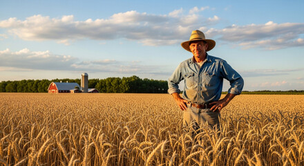 Proud farmer standing in golden wheat field at sunset, cultivating the land with passion and expertise for sustainable agriculture and rural lifestyle