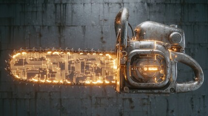 halloween technology concept. Futuristic chainsaw with circuit patterns emitting light.