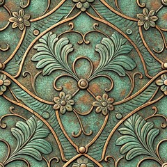 Vintage Turquoise Bronze Relief Ornamental Baroque Pattern, Ornate Floral Swirls Aged Patina Decorative Design