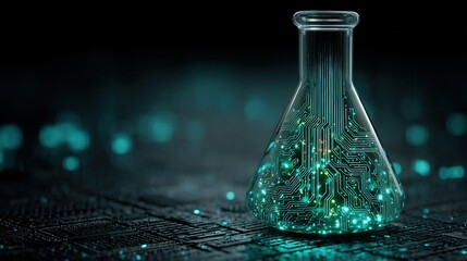 halloween technology concept. Futuristic flask with circuit patterns and glowing elements.