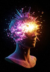 A digital art piece depicting a human head exploding with colorful shards and light.