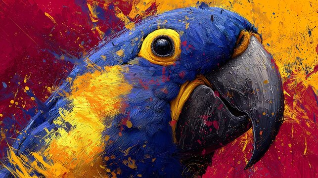 Vibrant abstract portrait of a hyacinth macaw parrot with splattered paint effect