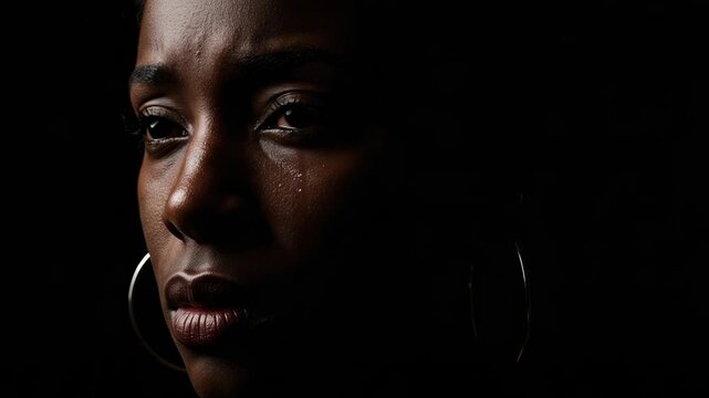 Closeup of a black woman crying with a tear on her cheek