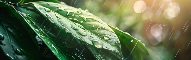 Morning sunlight shining on green leaves covered with sparkling dew drops