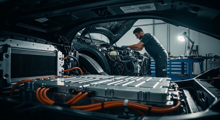 Electric vehicle technician working on EV battery
