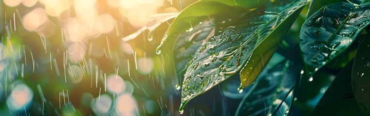 Close-up of green leaf with raindrops shining after gentle rainfall.