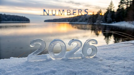 Ice Numbers 2026 on Snowy Shoreline Reflecting Sunset Over Calm Lake in Winter