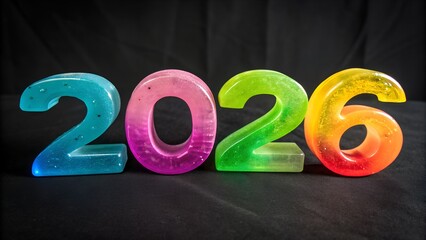 Brightly Colored Resin Numbers Spelling Out the Year 2026 on a Black Background