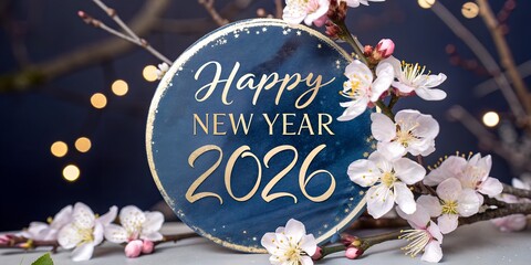 Elegant Happy New Year 2026 Decoration with Blossoms and Bokeh Lights