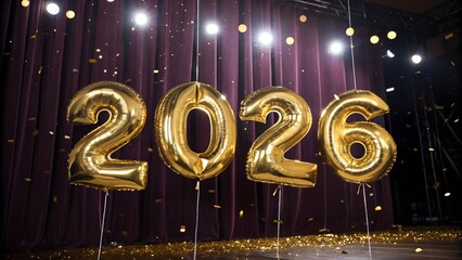 Golden 2026 Balloons Against a Dark Curtain Background with Confetti Falling Down