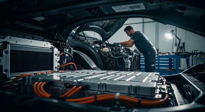 Electric vehicle technician working on EV battery