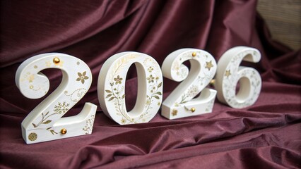 Elegant Ceramic 2026 Numbers on a Rich Burgundy Fabric Background