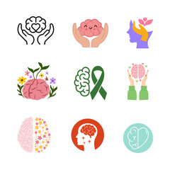 Set of Mental Health and Brain Wellness Icons Featuring Emotional Support, Awareness, and Cognitive Care Concepts