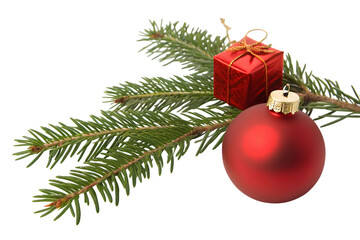 Christmas Ornament and Gift on Evergreen Branch Against Black Background for Holiday Season