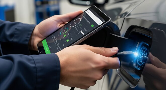 EV charging monitored by tablet in technician's hands