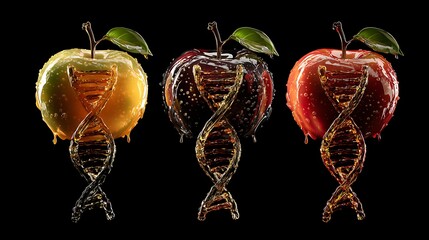 Obraz premium Three vibrant glistening apples with dripping textures against a stark black background