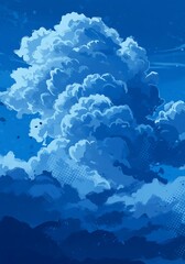 An artistic illustration of a towering, fluffy cumulus cloud formation in a dramatic blue sky.