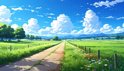 アニメ風景。空。草原。道。Anime scenery. Sky. Grassland. Road.