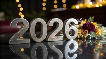 Metallic 2026 Numbers with Floral Arrangement on Reflective Surface for New Year