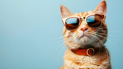  Adorable orange cat wearing cool sunglasses posing against pastel blue background