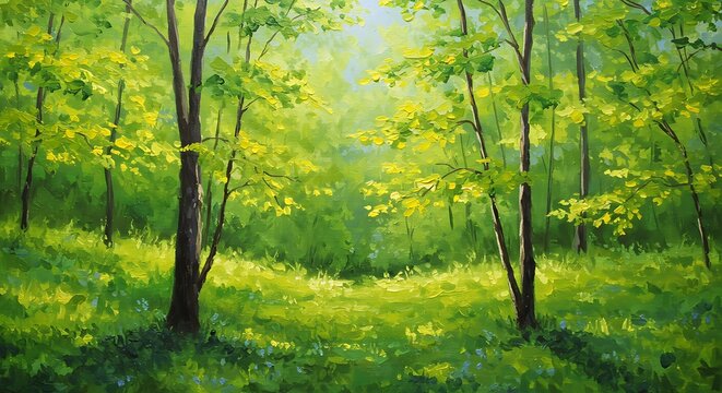 A sun-dappled forest path bathed in the vibrant green light of spring.