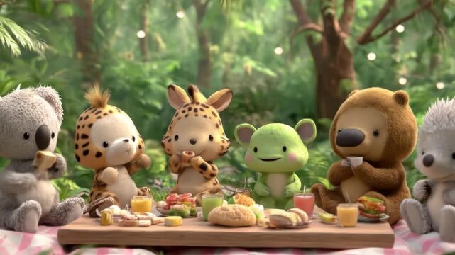 Adorable anthropomorphic animals enjoy a picnic in a lush forest setting, with food and drinks laid out on a wooden table. Soft lighting