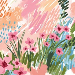 An abstract painterly illustration of pink flowers against a colorful, textured background with expressive brushstrokes.