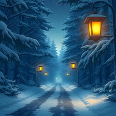 Anime-style glowing lantern road leading deep into a snowy forest.