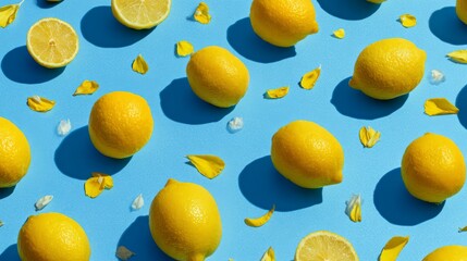 Flat lay creative summer pattern made of whole lemons and scattered yellow flower petals on a bright blue background, minimal vibrant fruit concept stock photo