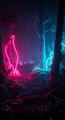 Neon forest with glowing pink bird and blue lightning.