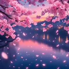 Anime-style glowing cherry blossom petals floating across a quiet river under twilight.