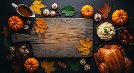 Overhead view of a rustic wooden board surrounded by a thanksgiving feast including a golden roasted turkey mashed potatoes gravy and mini pumpkins set against a dark background with autumn leaves