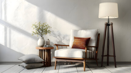 Fototapeta premium Bright cozy living room with armchair, pillows, and natural light.