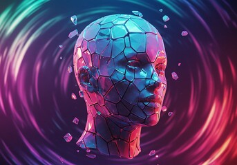 A surreal digital art piece depicting a fragmented human head with a vibrant, swirling vortex in the background.