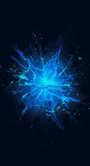 Vibrant blue digital explosion with shattered fragments and glowing particles on a dark, textured background.