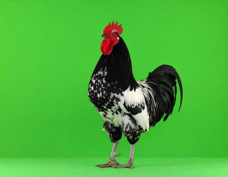 Black & white rooster with red comb on green screen