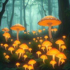 Anime-style glowing mushrooms covering the forest floor in an enchanted woodland.