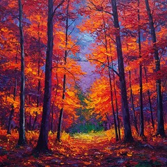 Vibrant autumn forest painting with tall trees, colorful foliage, and a path leading into the distance.