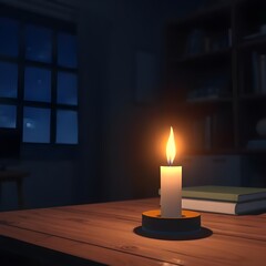 Anime-style glowing candle flickering on a wooden desk in a quiet night room.