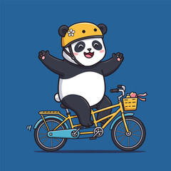 Joyful panda rides yellow tandem bike with flower helmet and heart basket, arms raised on blue background.
