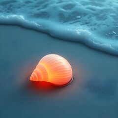 Anime-style glowing seashell lying on wet sand as waves gently wash over.