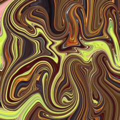 Vivid marble swirl artwork with neon yellow, brown, and fiery tones, creating abstract liquid flow with surreal golden highlights and psychedelic energy.