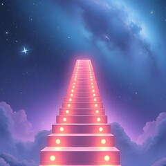 Anime-style glowing floating stairs climbing into a galaxy-filled sky.
