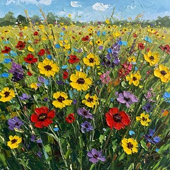 A vibrant impasto painting of a colorful wildflower meadow blooming under a sunny blue sky.